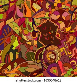 Tracery seamless pattern. Mehndi design. Ethnic colorful doodle texture. Curved doodling background. Vector