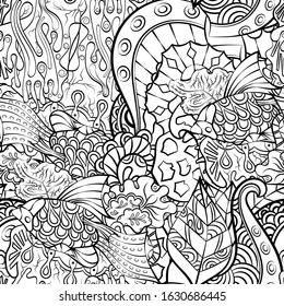 Tracery seamless pattern. Mehndi design. Ethnic monochrome binary doodle texture. Curved doodling black and white background. Vector