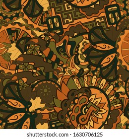 Tracery seamless pattern. Mehndi design. Ethnic colorful doodle texture. Curved doodling background. Vector