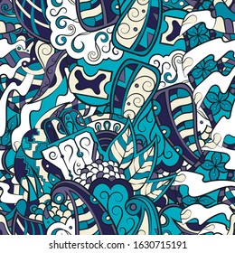 Tracery seamless pattern. Mehndi design. Ethnic colorful doodle texture. Curved doodling background. Vector