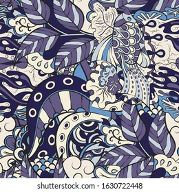 Tracery seamless pattern. Mehndi design. Ethnic colorful doodle texture. Curved doodling background. Vector