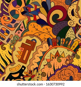 Tracery seamless pattern. Mehndi design. Ethnic colorful doodle texture. Curved doodling background. Vector