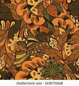 Tracery seamless pattern. Mehndi design. Ethnic colorful doodle texture. Curved doodling background. Vector
