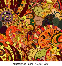 Tracery seamless pattern. Mehndi design. Ethnic colorful doodle texture. Curved doodling background. Vector