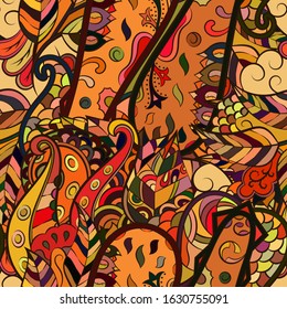Tracery seamless pattern. Mehndi design. Ethnic colorful doodle texture. Curved doodling background. Vector