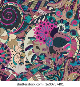 Tracery seamless pattern. Mehndi design. Ethnic colorful doodle texture. Curved doodling background. Vector