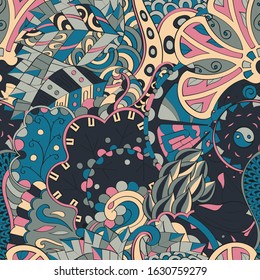 Tracery seamless pattern. Mehndi design. Ethnic colorful doodle texture. Curved doodling background. Vector