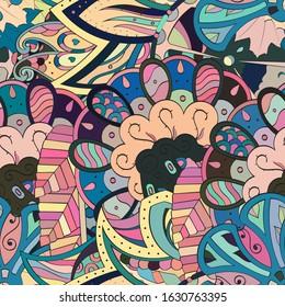 Tracery seamless pattern. Mehndi design. Ethnic colorful doodle texture. Curved doodling background. Vector
