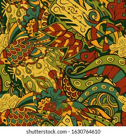 Tracery seamless pattern. Mehndi design. Ethnic colorful doodle texture. Curved doodling background. Vector