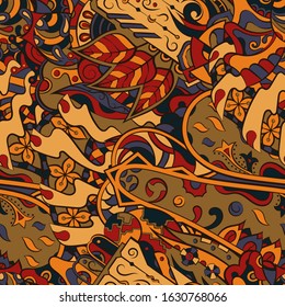 Tracery seamless pattern. Mehndi design. Ethnic colorful doodle texture. Curved doodling background. Vector