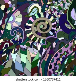 Tracery seamless pattern. Mehndi design. Ethnic colorful doodle texture. Curved doodling background. Vector