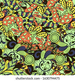 Tracery seamless pattern. Mehndi design. Ethnic colorful doodle texture. Curved doodling background. Vector