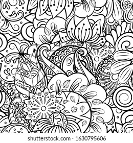 Tracery seamless pattern. Mehndi design. Ethnic monochrome binary doodle texture. Curved doodling black and white background. Vector