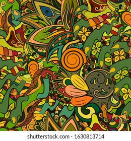 Tracery seamless pattern. Mehndi design. Ethnic colorful doodle texture. Curved doodling background. Vector