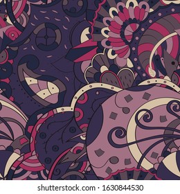 Tracery seamless pattern. Mehndi design. Ethnic colorful doodle texture. Curved doodling background. Vector