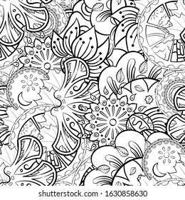 Tracery seamless pattern. Mehndi design. Ethnic monochrome binary doodle texture. Curved doodling black and white background. Vector