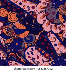 Tracery seamless pattern. Mehndi design. Ethnic colorful doodle texture. Curved doodling background. Vector