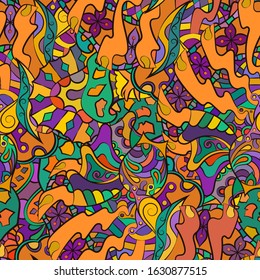 Tracery seamless pattern. Mehndi design. Ethnic colorful doodle texture. Curved doodling background. Vector