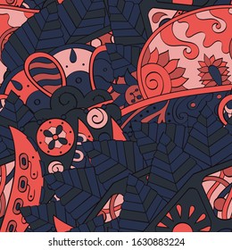 Tracery seamless pattern. Mehndi design. Ethnic colorful doodle texture. Curved doodling background. Vector