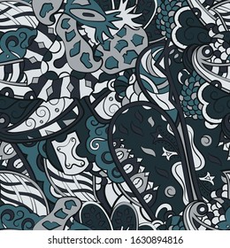 Tracery seamless pattern. Mehndi design. Ethnic colorful doodle texture. Curved doodling background. Vector