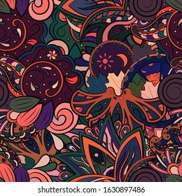 Tracery seamless pattern. Mehndi design. Ethnic colorful doodle texture. Curved doodling background. Vector
