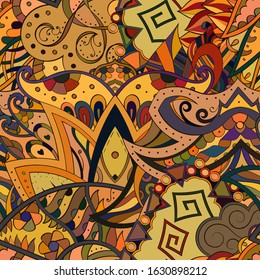 Tracery seamless pattern. Mehndi design. Ethnic colorful doodle texture. Curved doodling background. Vector