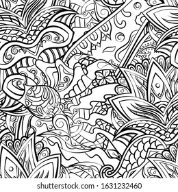 Tracery seamless pattern. Mehndi design. Ethnic monochrome binary doodle texture. Curved doodling black and white background. Vector