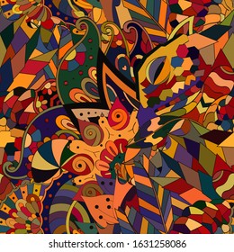 Tracery seamless pattern. Mehndi design. Ethnic colorful doodle texture. Curved doodling background. Vector