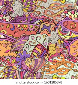 Tracery seamless pattern. Mehndi design. Ethnic colorful doodle texture. Curved doodling background. Vector