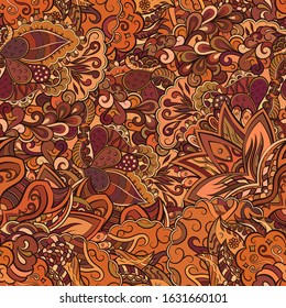 Tracery seamless pattern. Mehndi design. Ethnic colorful doodle texture. Curved doodling background. Vector