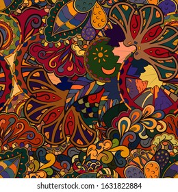 Tracery seamless pattern. Mehndi design. Ethnic colorful doodle texture. Curved doodling background. Vector