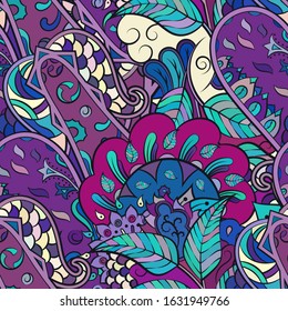 Tracery seamless pattern. Mehndi design. Ethnic colorful doodle texture. Curved doodling background. Vector