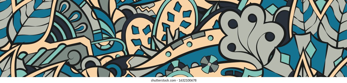 Tracery seamless pattern. Mehndi design. Ethnic colorful doodle texture. Curved doodling background. Vector