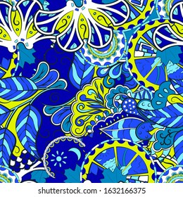 Tracery seamless pattern. Mehndi design. Ethnic colorful doodle texture. Curved doodling background. Vector