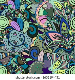 Tracery seamless pattern. Mehndi design. Ethnic colorful doodle texture. Curved doodling background. Vector