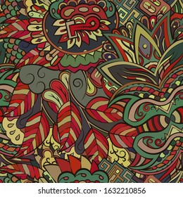Tracery seamless pattern. Mehndi design. Ethnic colorful doodle texture. Curved doodling background. Vector