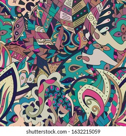 Tracery seamless pattern. Mehndi design. Ethnic colorful doodle texture. Curved doodling background. Vector