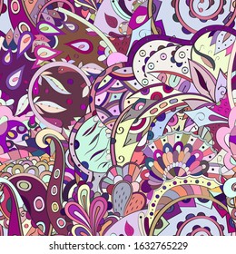 Tracery seamless pattern. Mehndi design. Ethnic colorful doodle texture. Curved doodling background. Vector