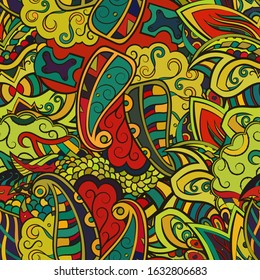 Tracery seamless pattern. Mehndi design. Ethnic colorful doodle texture. Curved doodling background. Vector