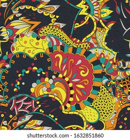 Tracery seamless pattern. Mehndi design. Ethnic colorful doodle texture. Curved doodling background. Vector