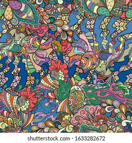 Tracery seamless pattern. Mehndi design. Ethnic colorful doodle texture. Curved doodling background. Vector
