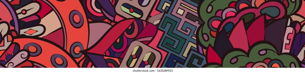 Tracery seamless pattern. Mehndi design. Ethnic colorful doodle texture. Curved doodling background. Vector