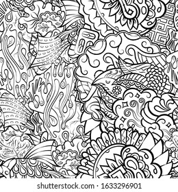 Tracery seamless pattern. Mehndi design. Ethnic monochrome binary doodle texture. Curved doodling black and white background. Vector