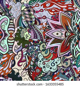 Tracery seamless pattern. Mehndi design. Ethnic colorful doodle texture. Curved doodling background. Vector