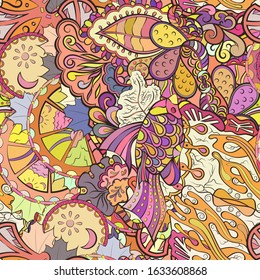 Tracery seamless pattern. Mehndi design. Ethnic colorful doodle texture. Curved doodling background. Vector