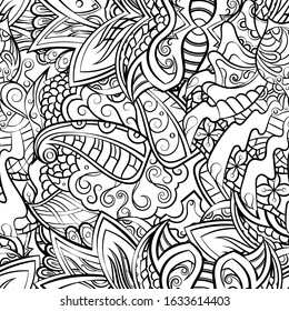 Tracery seamless pattern. Mehndi design. Ethnic monochrome binary doodle texture. Curved doodling black and white background. Vector