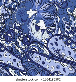 Tracery seamless pattern. Mehndi design. Ethnic colorful doodle texture. Curved doodling background. Vector