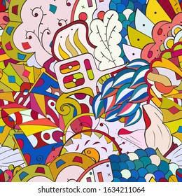 Tracery seamless pattern. Mehndi design. Ethnic colorful doodle texture. Curved doodling background. Vector