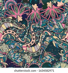 Tracery seamless pattern. Mehndi design. Ethnic colorful doodle texture. Curved doodling background. Vector