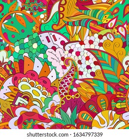 Tracery seamless pattern. Mehndi design. Ethnic colorful doodle texture. Curved doodling background. Vector